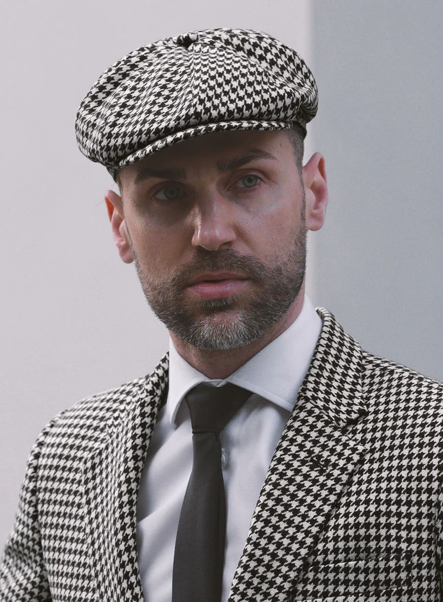 Big Houndstooth BW Tweed Newsboy Cap - Image 2