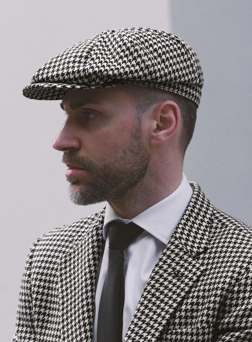 Big Houndstooth BW Tweed Newsboy Cap - Image 4