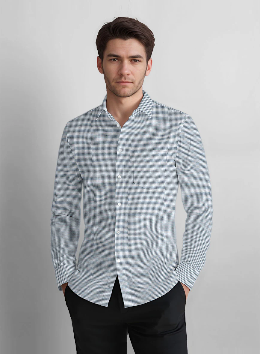 Blue Mini Houndstooth Cotton Shirt - Image 3