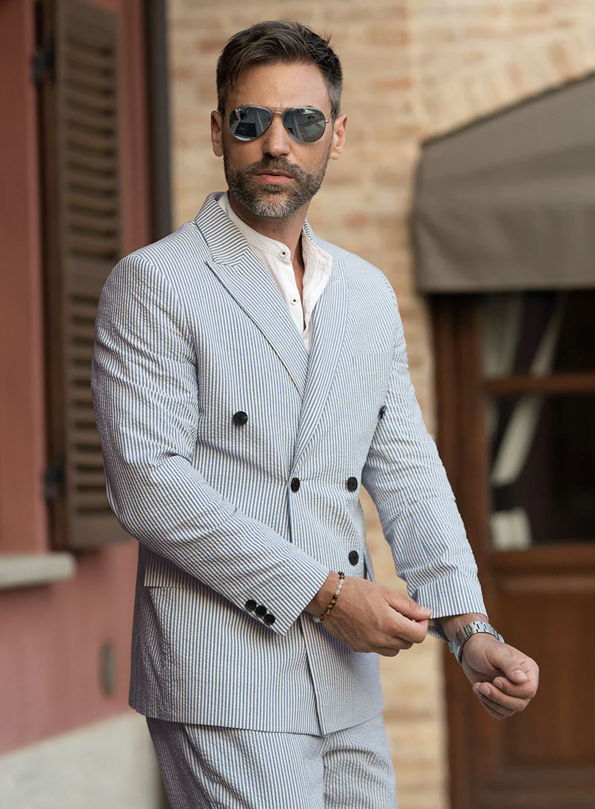 Blue Seersucker Double Breasted Suit - Image 3