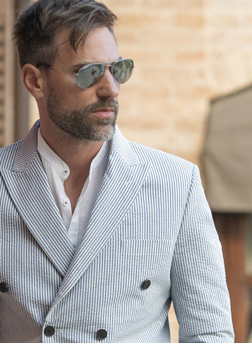 Blue Seersucker Double Breasted Suit - Image 4