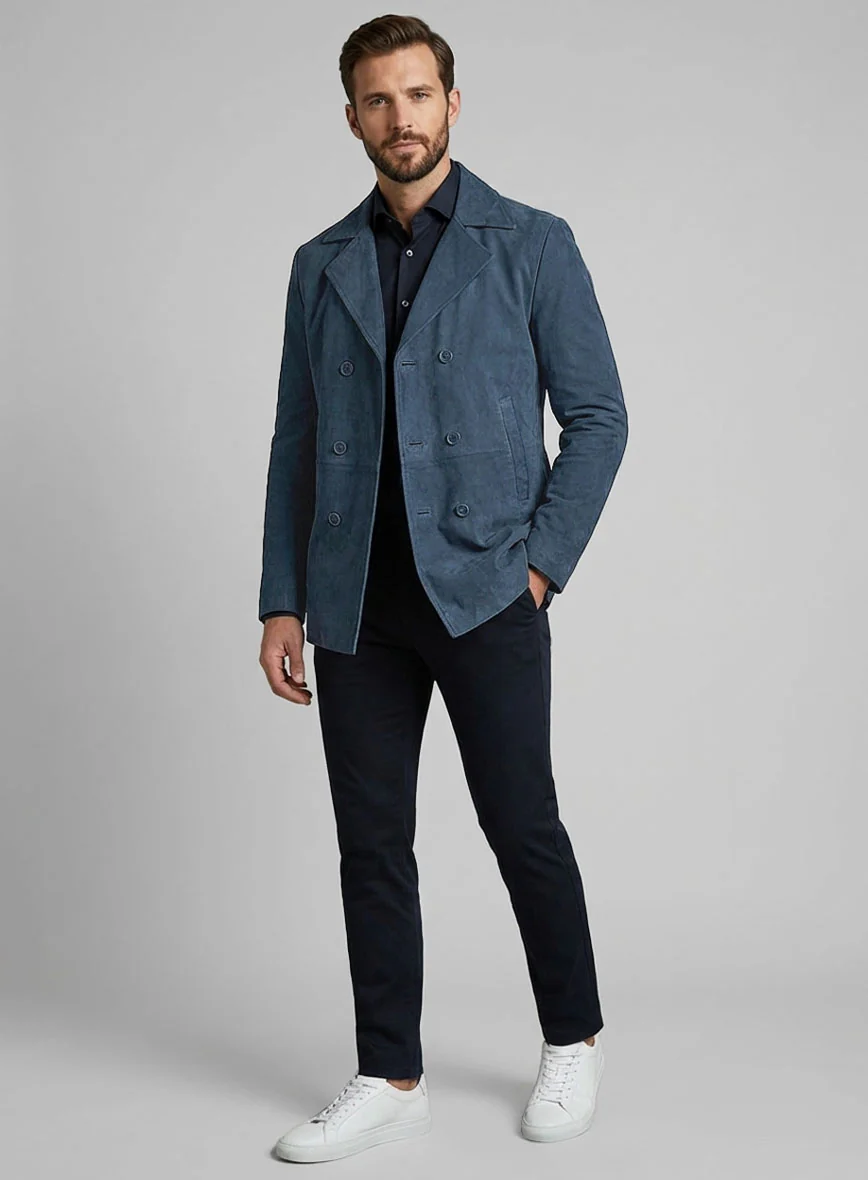 Blue Suede Leather Pea Coat - Image 2