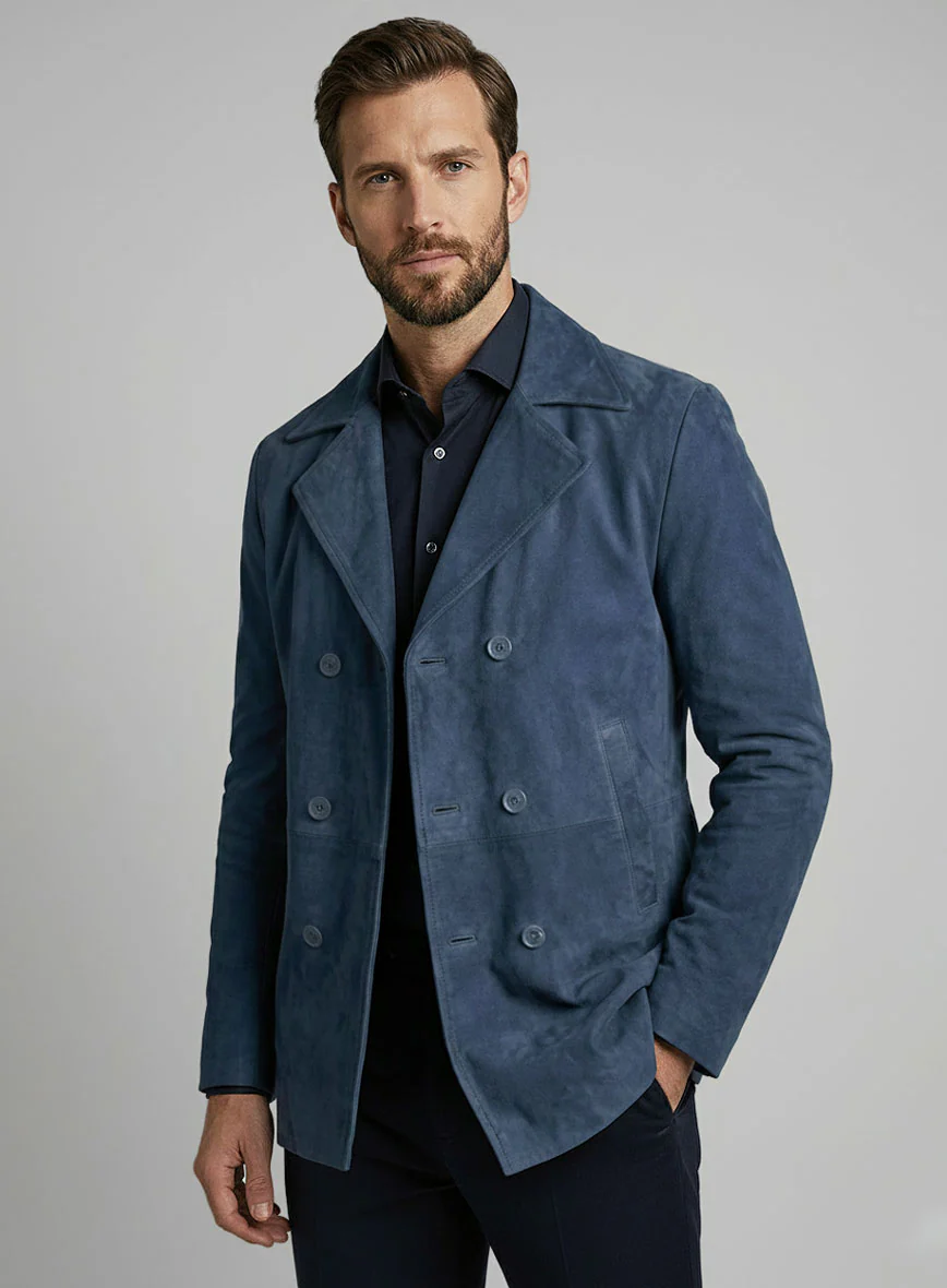 Blue Suede Leather Pea Coat - Image 4