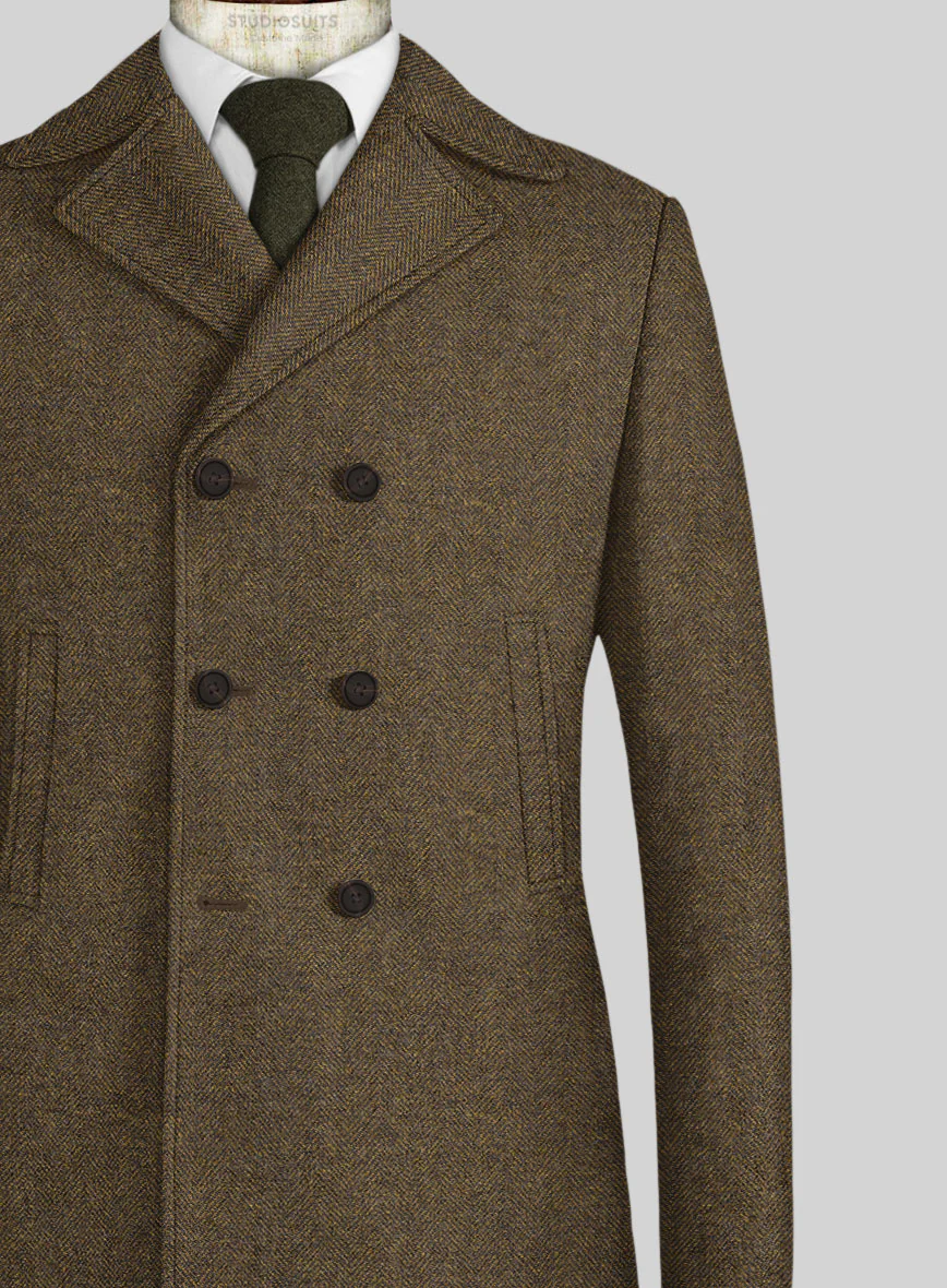 Bottle Brown Herringbone Tweed Pea Coat - Image 2
