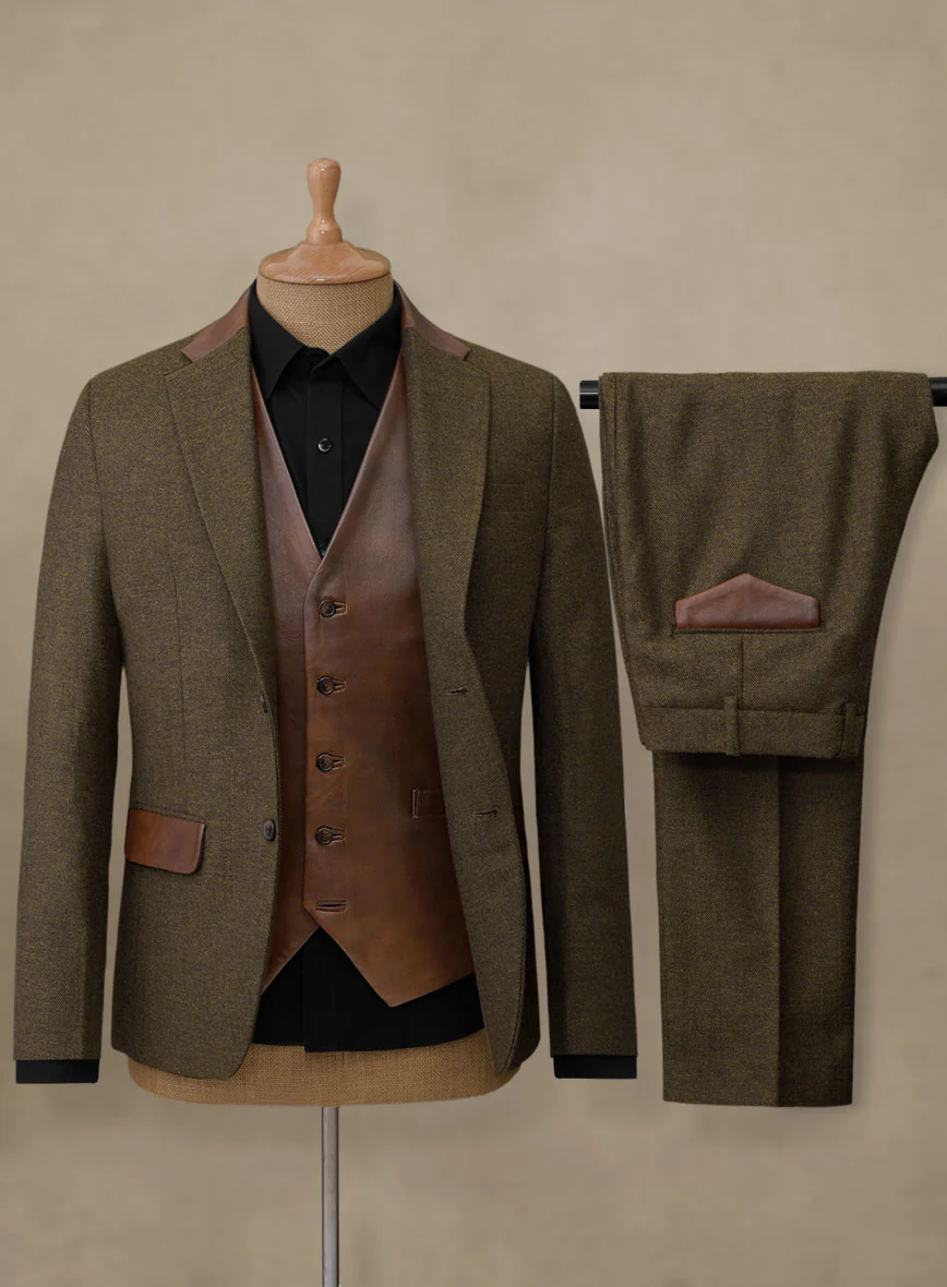 Bottle Brown Herringbone Tweed Suit - Leather Trim - Image 3