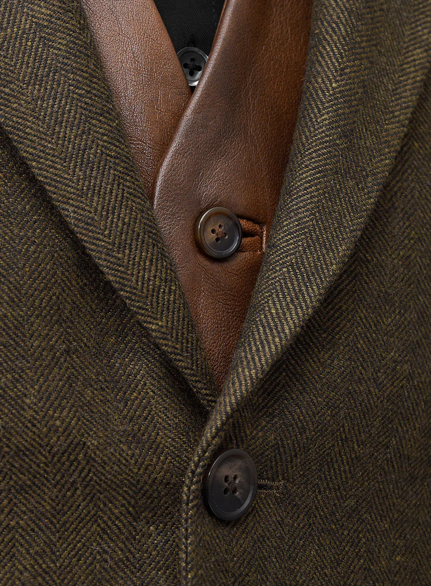 Bottle Brown Herringbone Tweed Suit - Leather Trim - Image 4