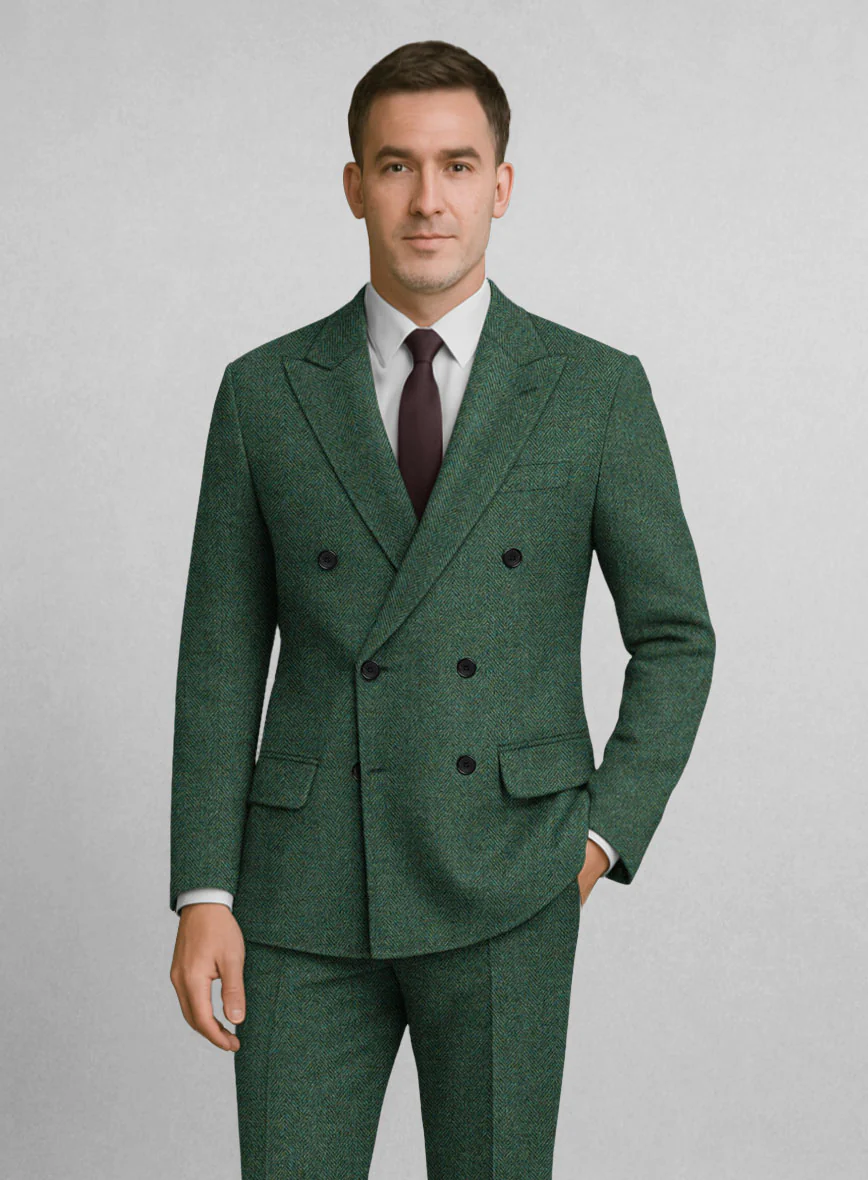 Bottle Green Herringbone Tweed Double Breasted Jacket - Image 3