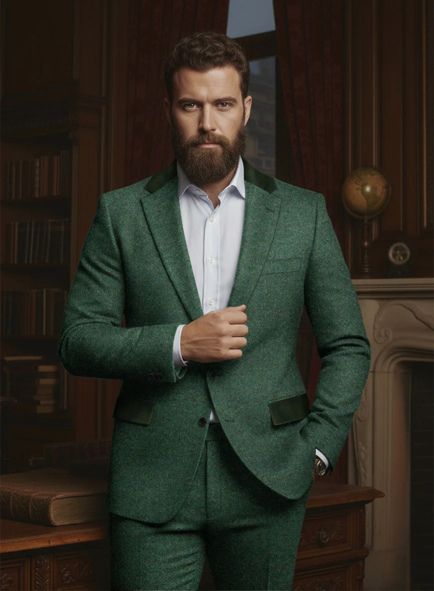 Bottle Green Herringbone Tweed Jacket - Leather Trims - Image 2