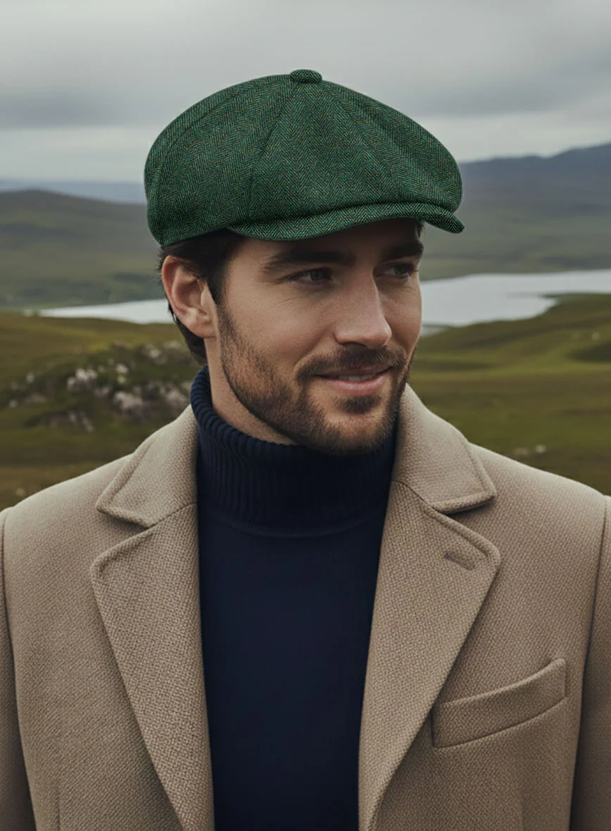 Bottle Green Herringbone Tweed Newsboy Cap - Image 2