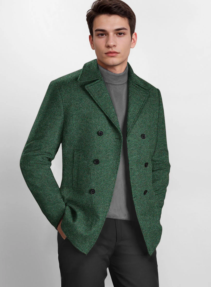Bottle Green Herringbone Tweed Pea Coat - Image 2