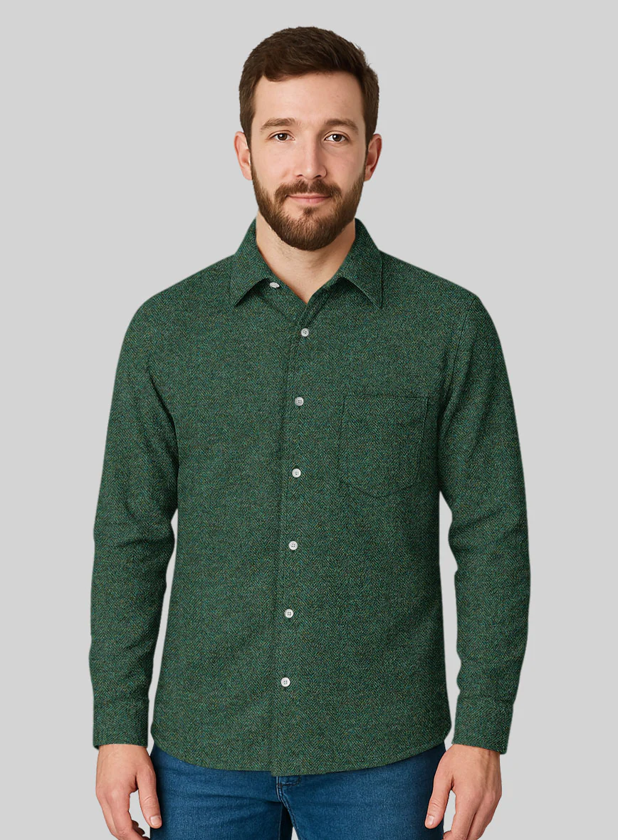 Bottle Green Herringbone Tweed Shirt - Image 2
