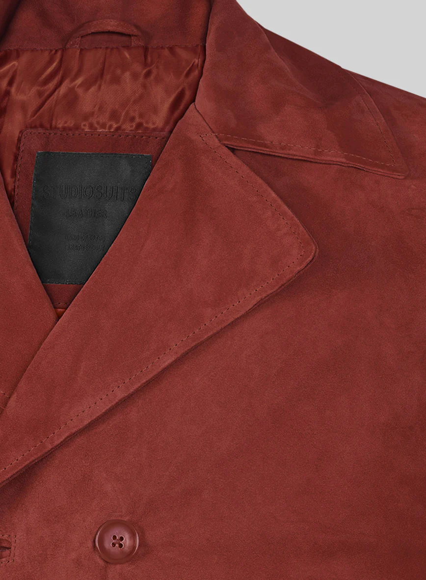 Burnt Red Suede Leather Pea Coat - Image 3