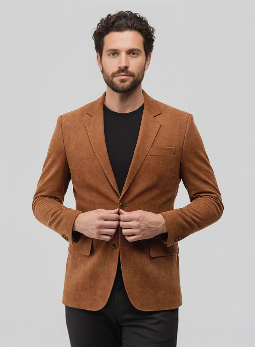 Caramel Brown Suede Leather Blazer - Image 2