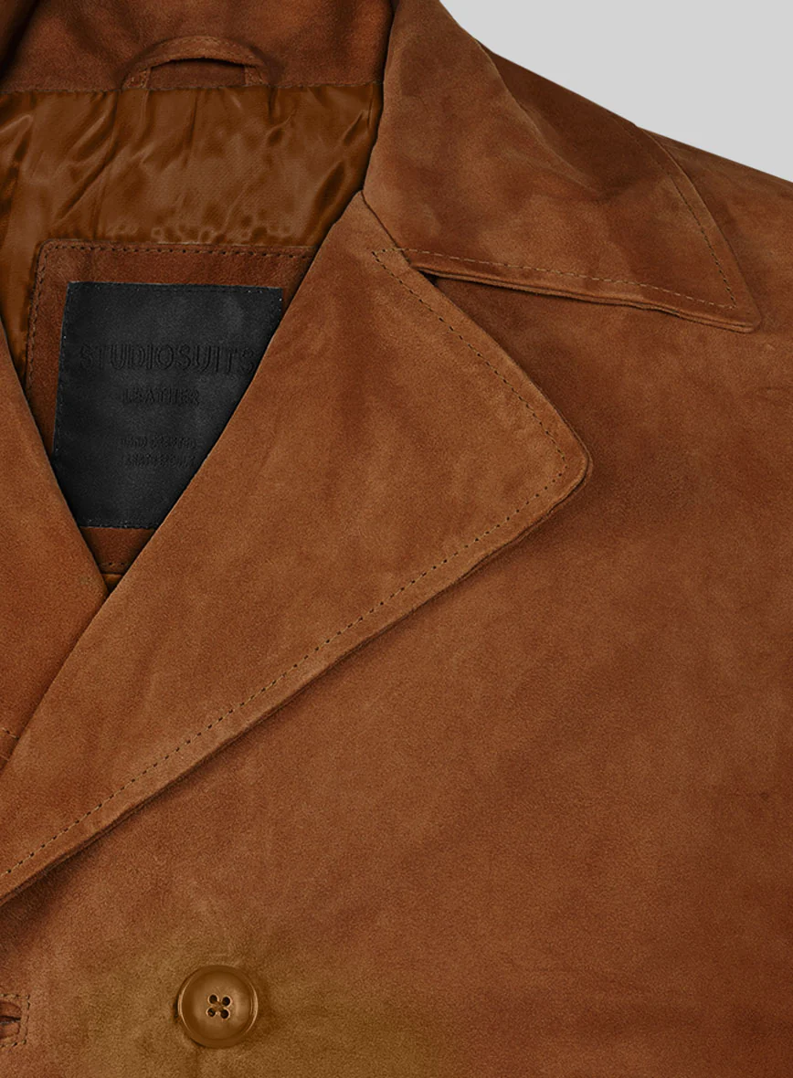 Caramel Brown Suede Leather Pea Coat - Image 3