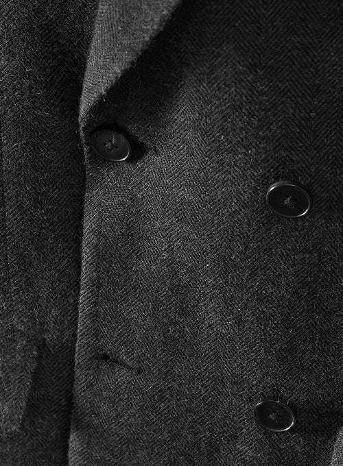 Charcoal Herringbone Tweed Double Breasted Overcoat II - Image 2