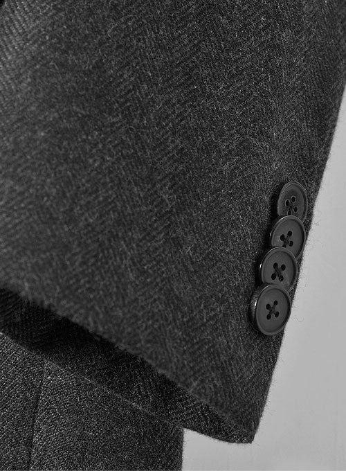 Charcoal Herringbone Tweed Double Breasted Overcoat II - Image 3