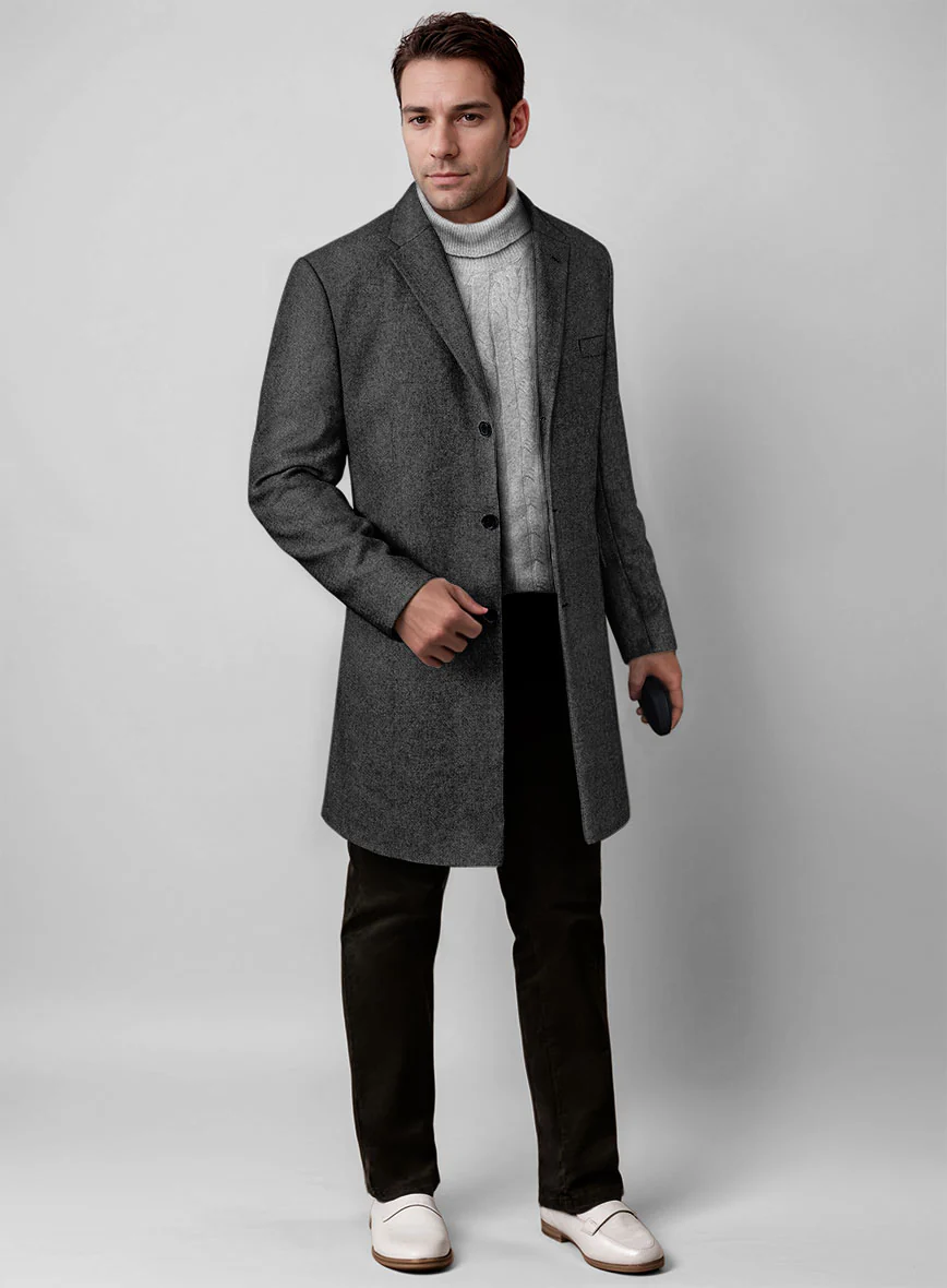 Charcoal Herringbone Tweed Overcoat - Image 2