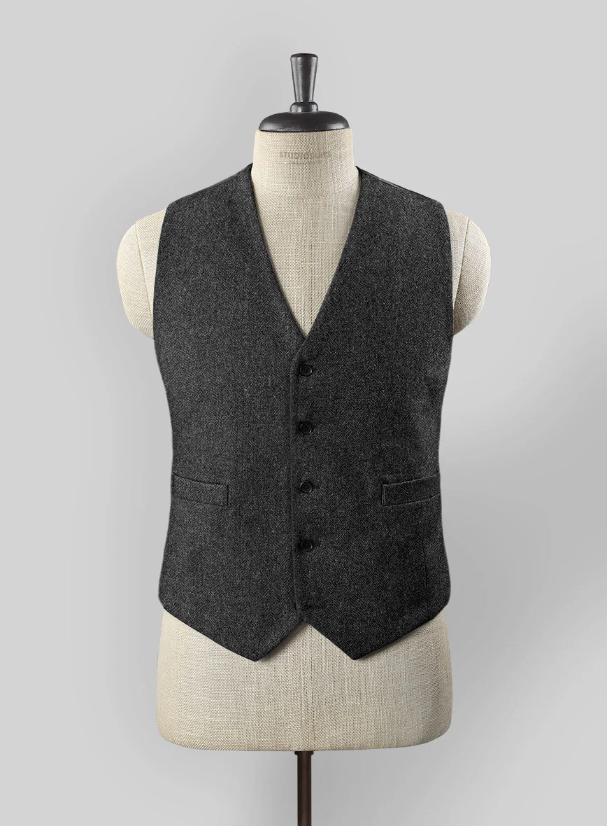 Charcoal Herringbone Tweed Waist Coat - Image 2