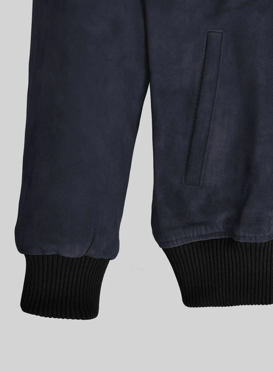 Dark Blue Suede Bomber Leather Jacket - Image 2