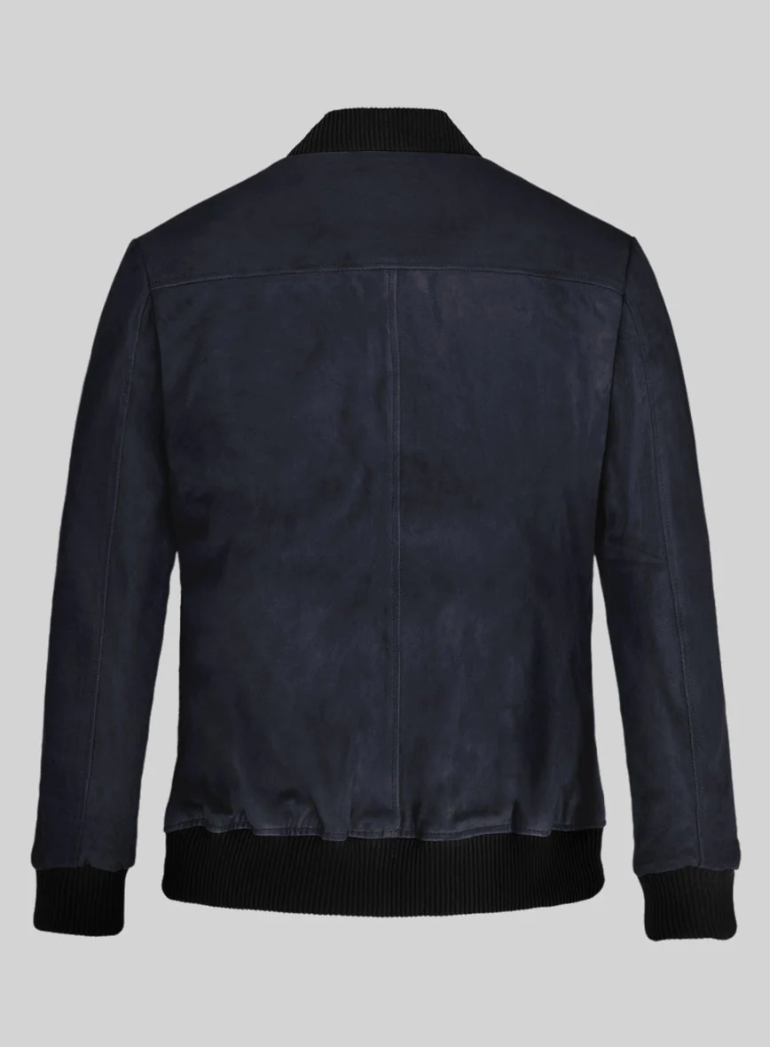 Dark Blue Suede Bomber Leather Jacket - Image 3
