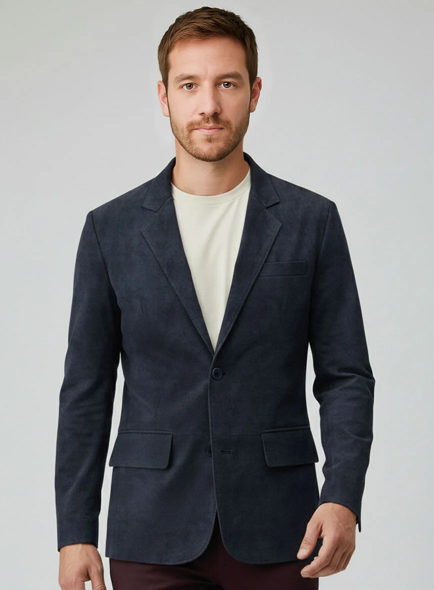 Dark Blue Suede Leather Blazer - Image 4
