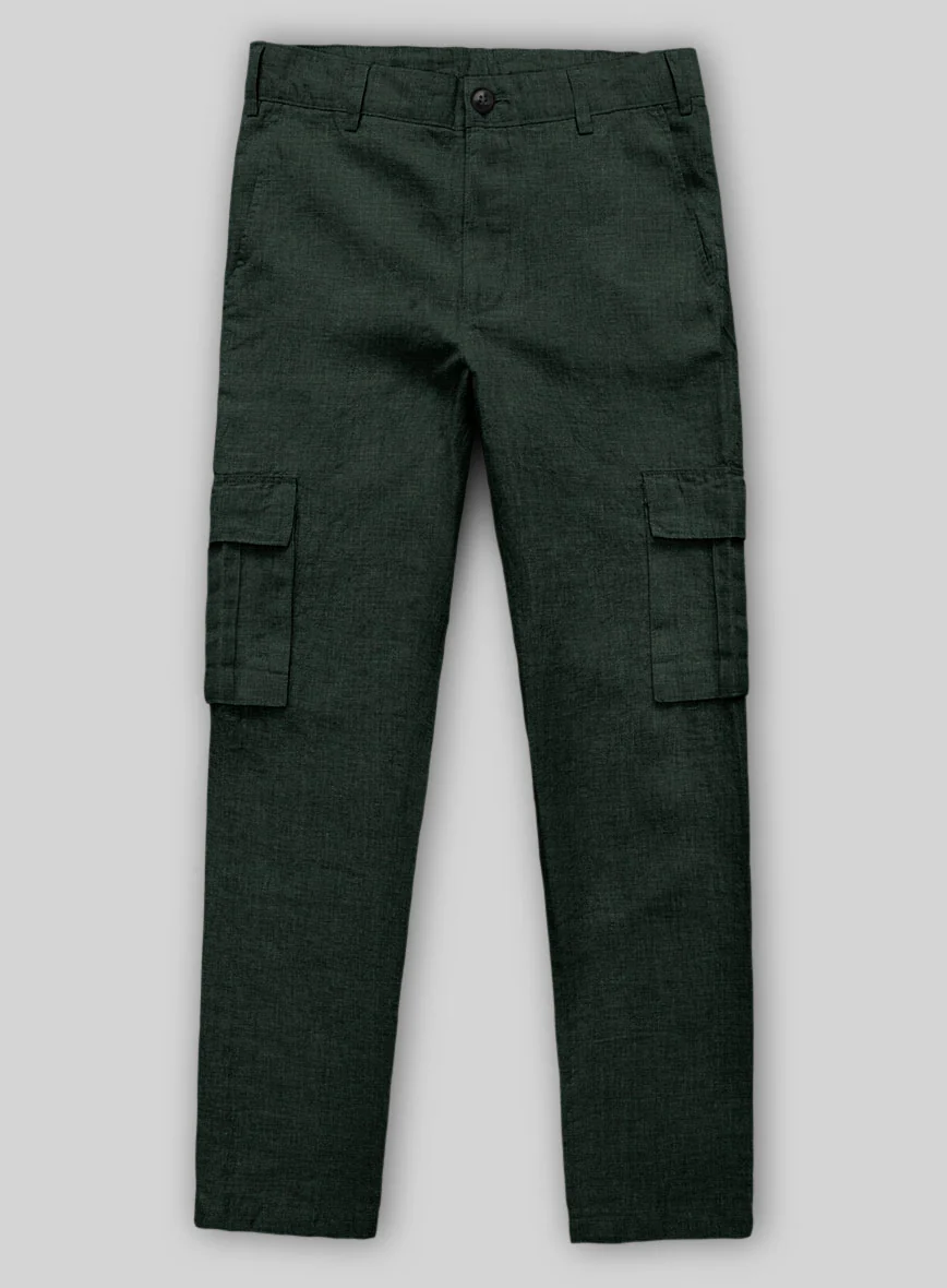 Dark Bottle Green Linen Cargo Pants - Image 2