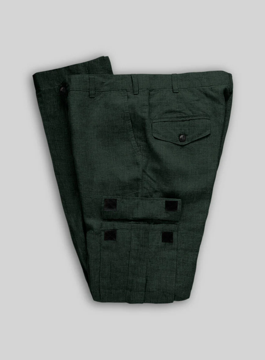 Dark Bottle Green Linen Cargo Pants - Image 3