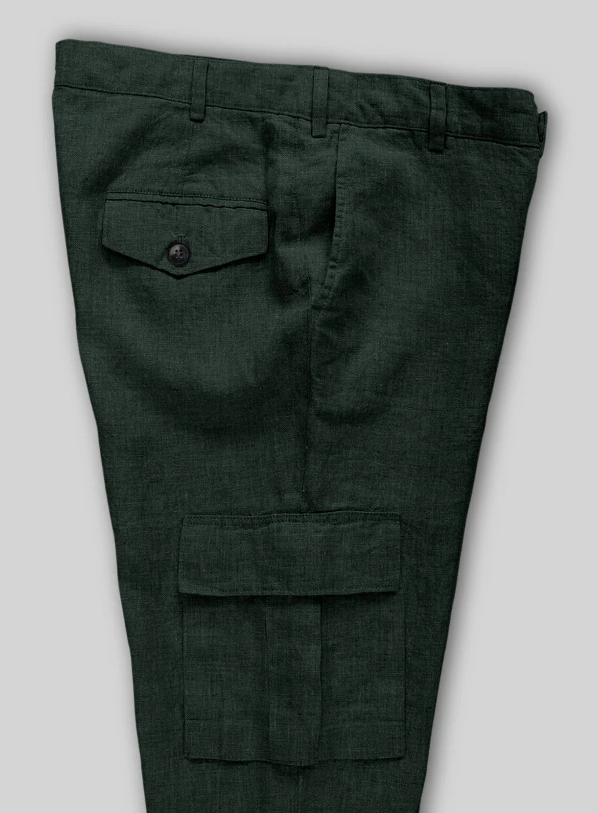 Dark Bottle Green Linen Cargo Pants - Image 5