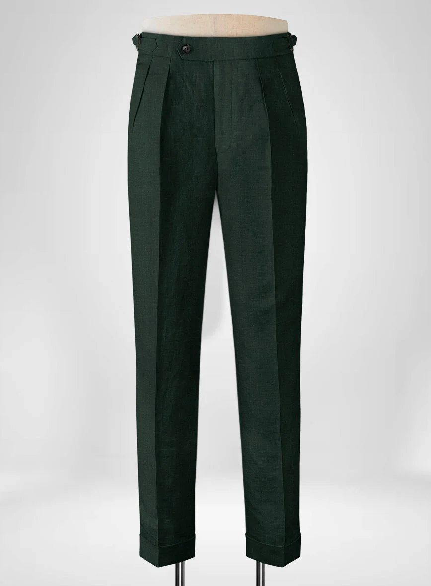 Dark Bottle Green Linen Highland Trousers