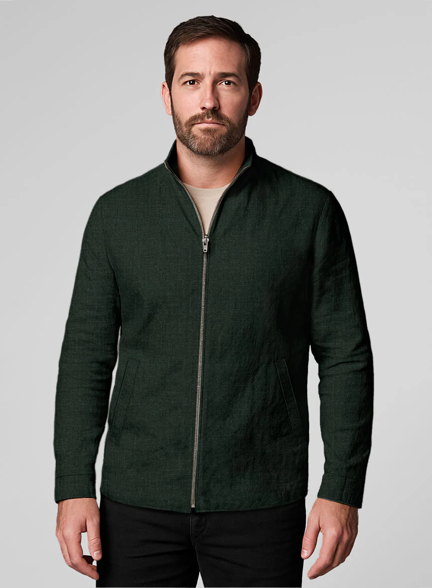 Dark Bottle Green Linen Zipper Jacket - Image 2
