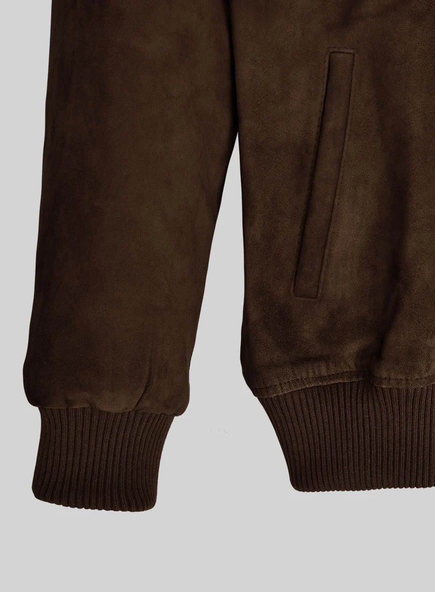 Dark Brown Suede Bomber Leather Jacket - Image 3