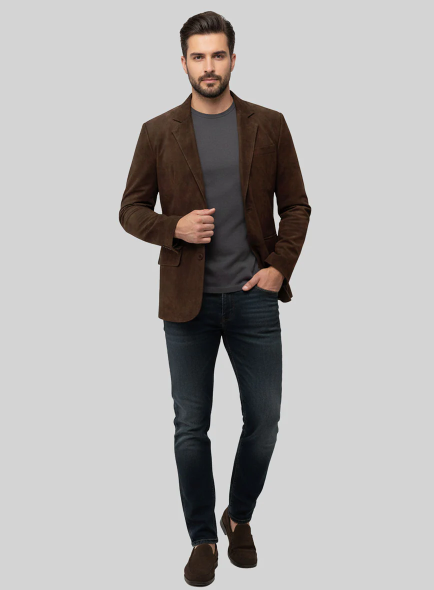 Dark Brown Suede Leather Blazer - Image 2