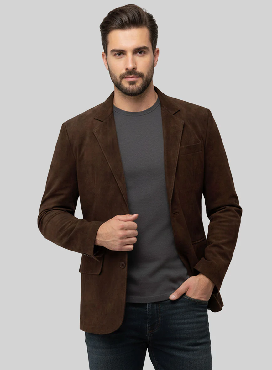 Dark Brown Suede Leather Blazer - Image 4