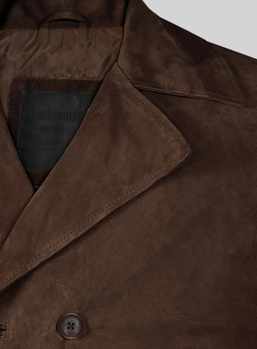 Dark Brown Suede Leather Pea Coat - Image 3