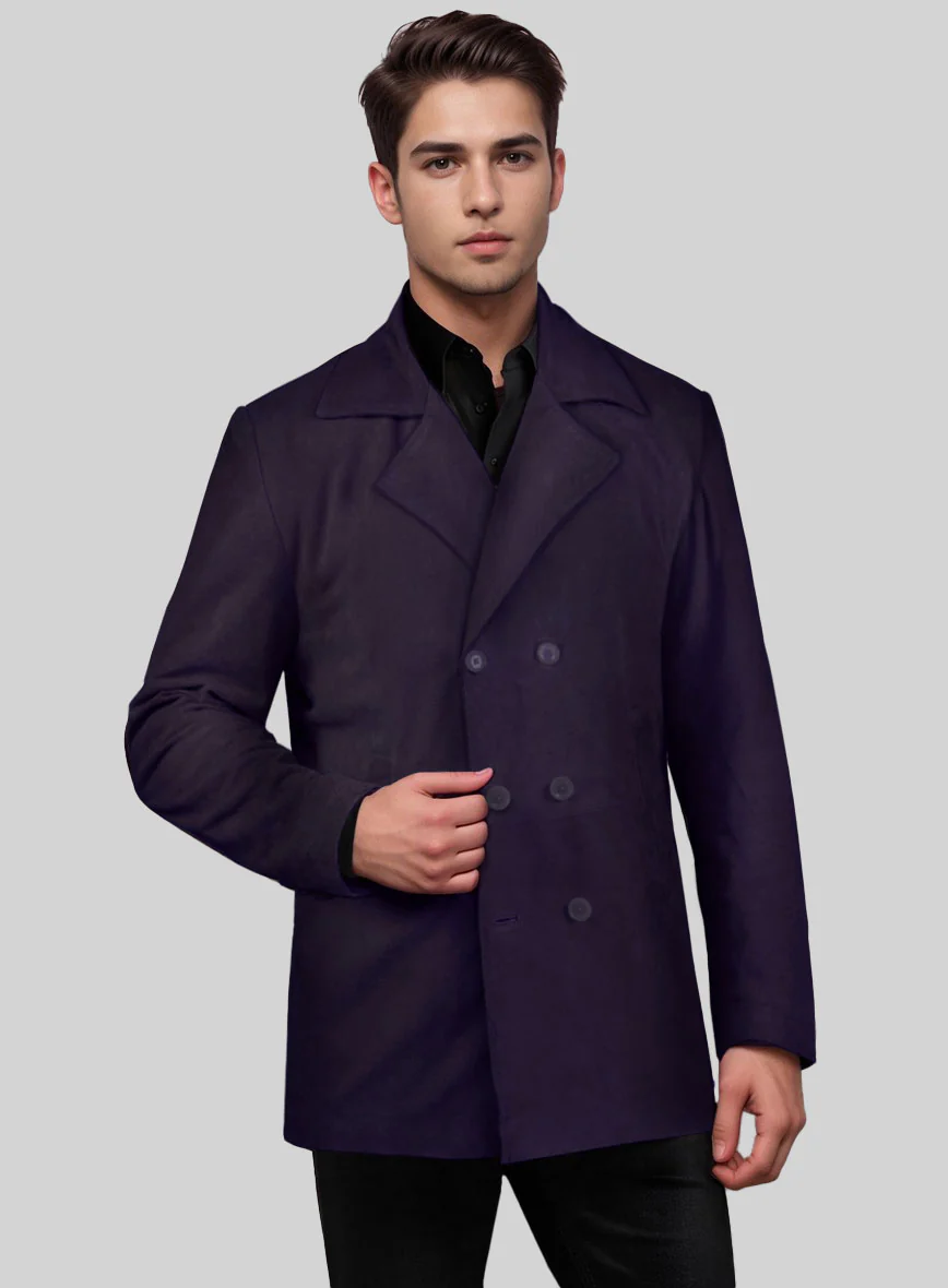 Dark Slate Purple Suede Leather Pea Coat - Image 3