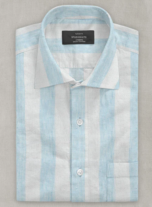 Dublin Blue Wide Stripe Linen Shirt - Image 2