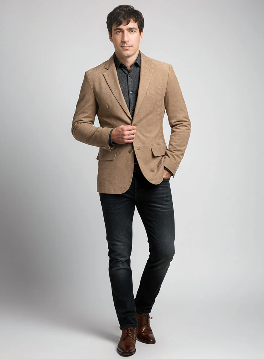 Dusty Beige Suede Leather Blazer - Image 3