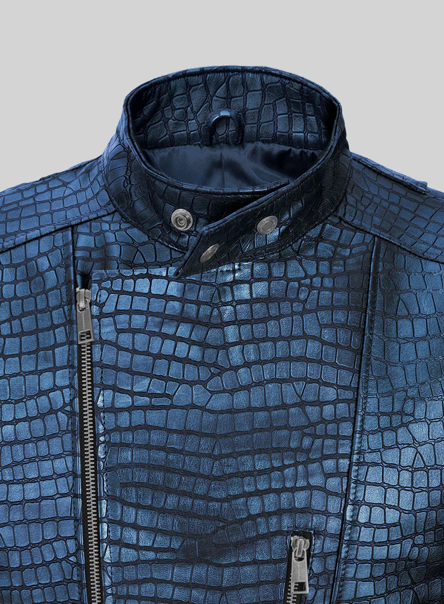 Enigmatic Croc Metallic Blue Leather Jacket - Image 2