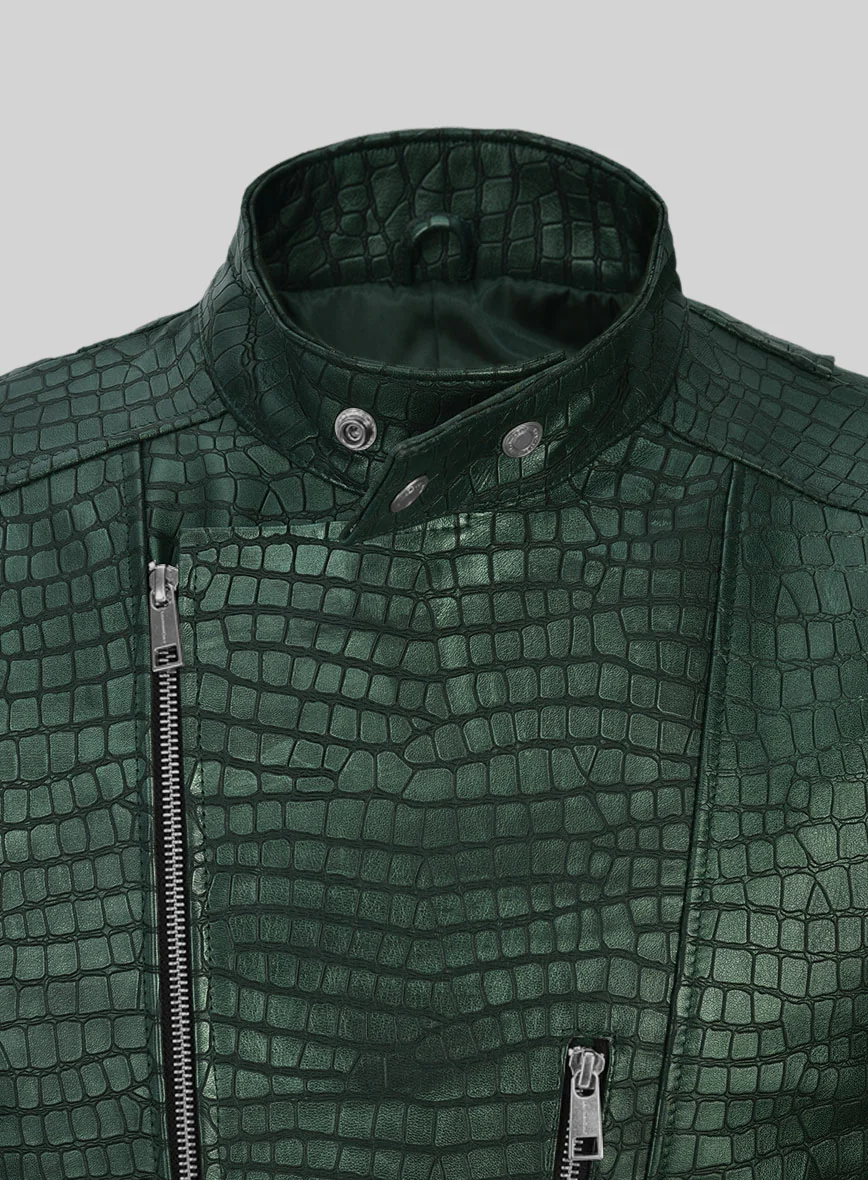 Enigmatic Croc Metallic Green Leather Jacket - Image 2