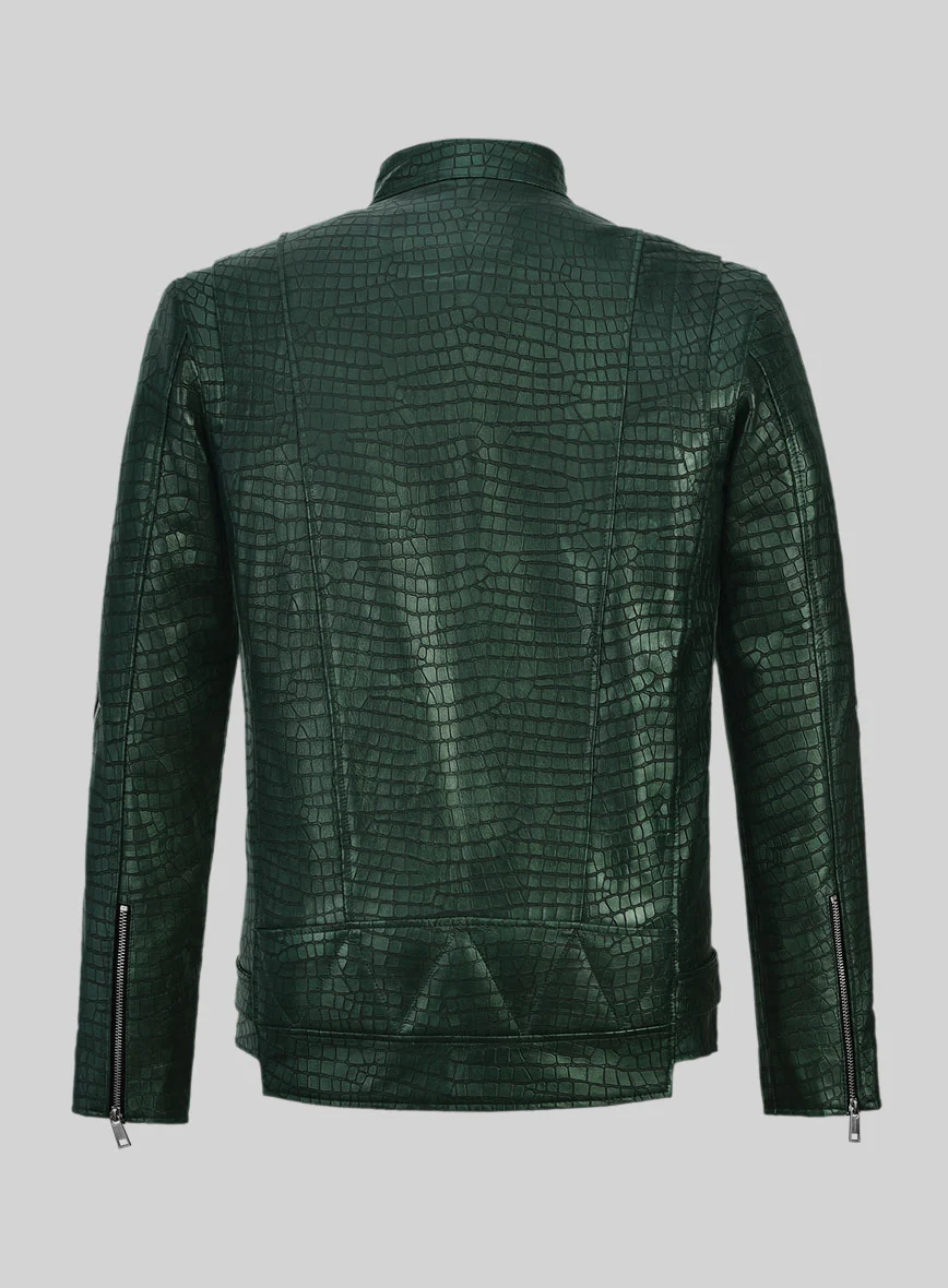 Enigmatic Croc Metallic Green Leather Jacket - Image 3