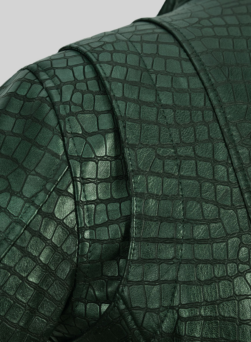 Enigmatic Croc Metallic Green Leather Jacket - Image 4