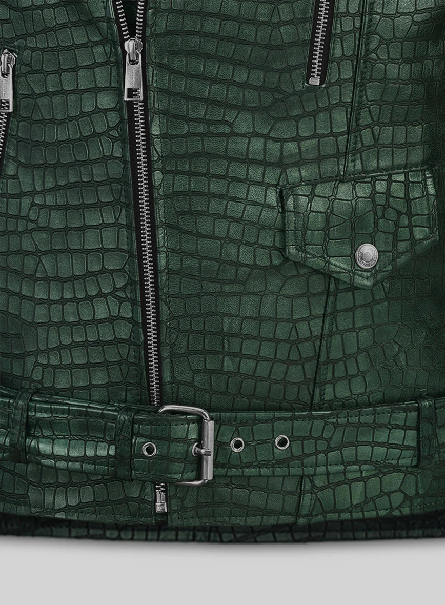 Enigmatic Croc Metallic Green Leather Jacket - Image 5