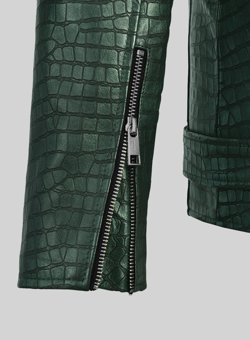 Enigmatic Croc Metallic Green Leather Jacket - Image 6