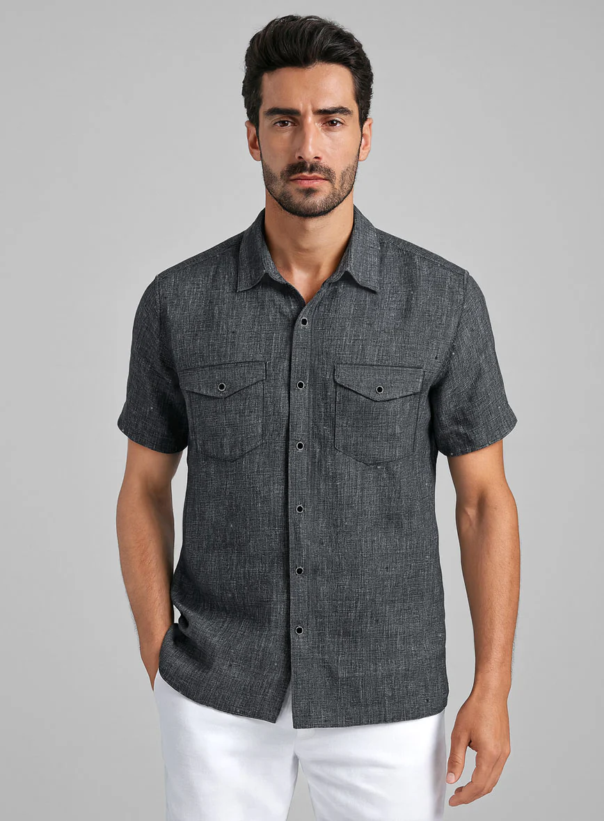 European Ash Gray Linen Western Style Shirt - Image 2
