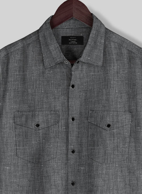 European Ash Gray Linen Western Style Shirt - Image 3