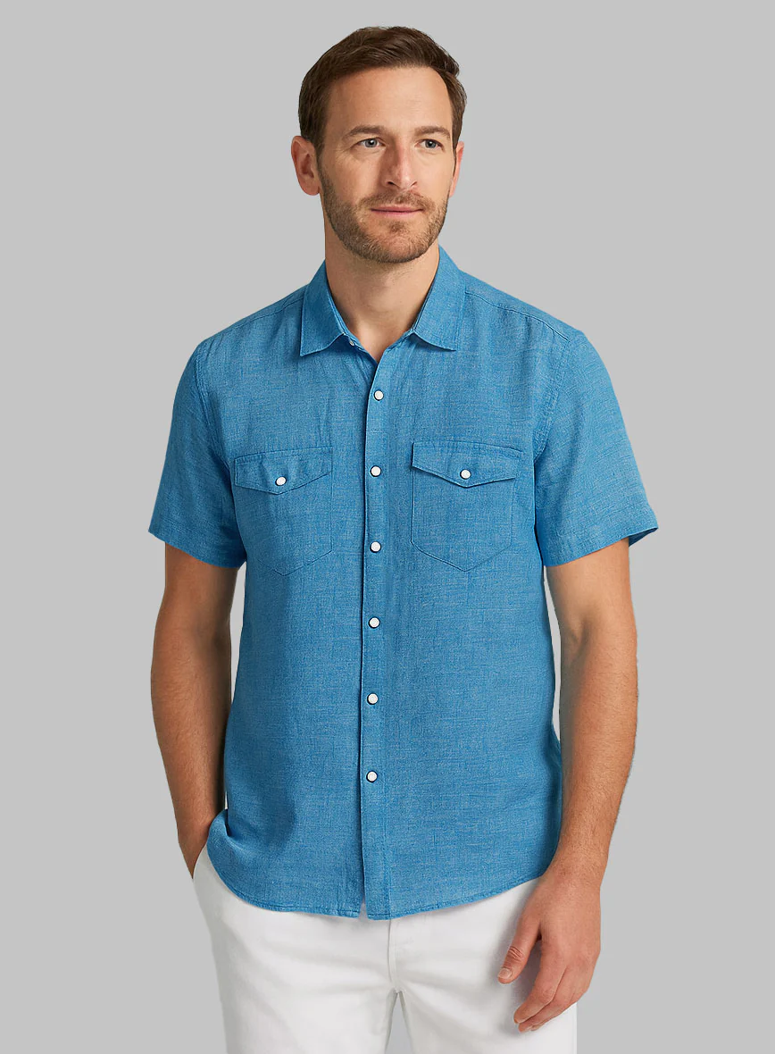 European Blue Linen Western Style Shirt - Image 2