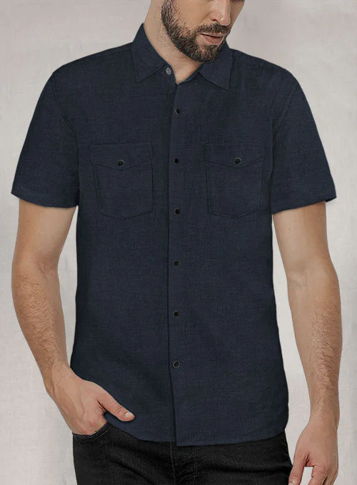 European Dark Blue Linen Western Style Shirt - Image 2