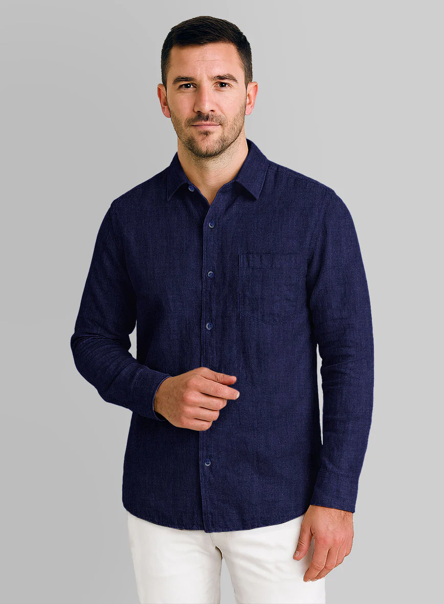 European Indigo Blue Linen Shirt - Image 2