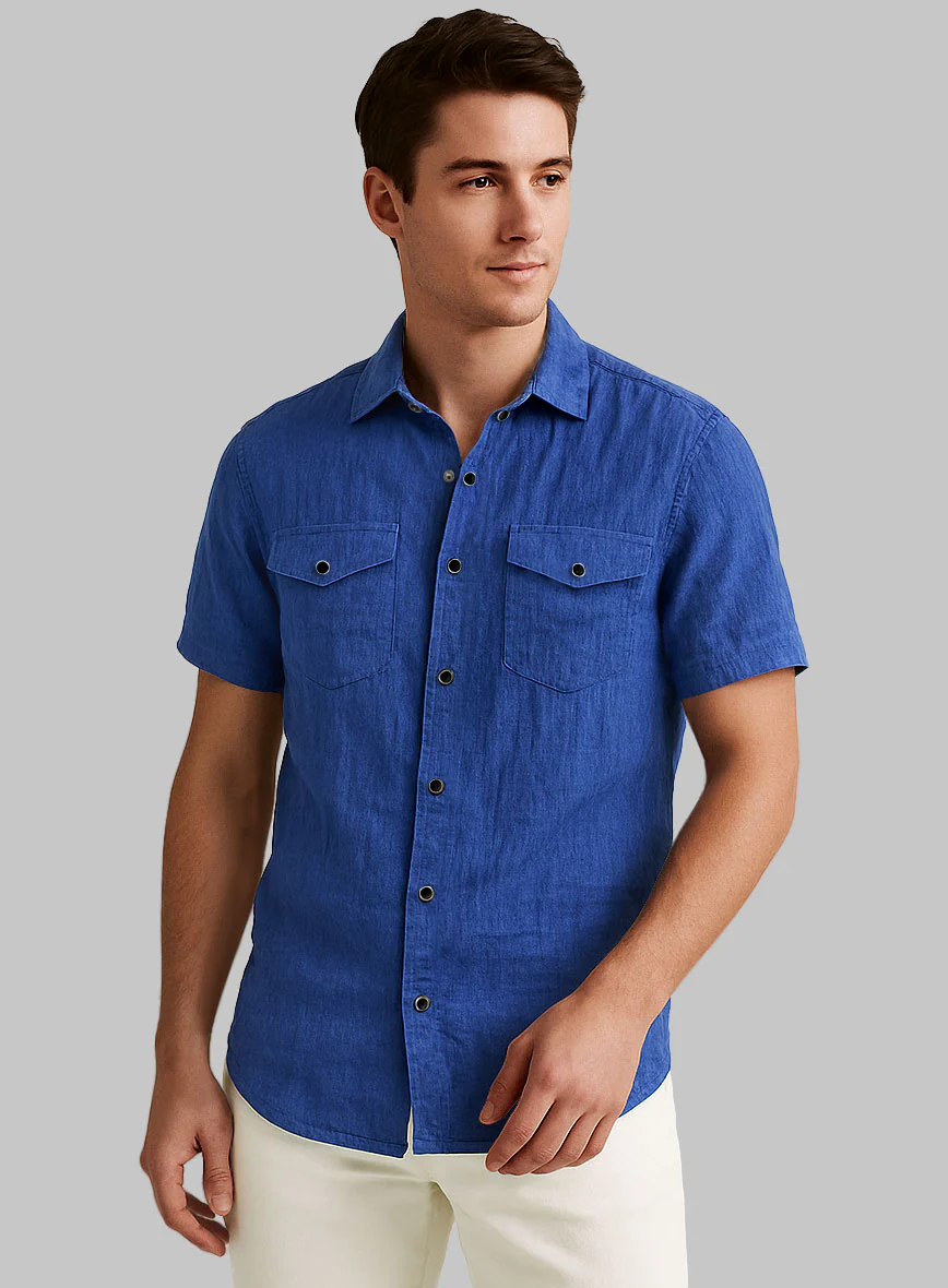 European Sapphire Blue Linen Western Style Shirt - Image 2