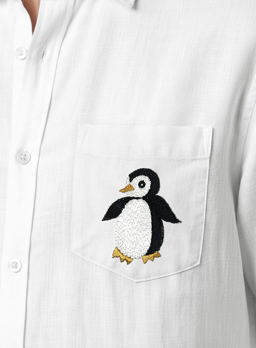European White Linen Penguin Embroidered Shirt - Image 3
